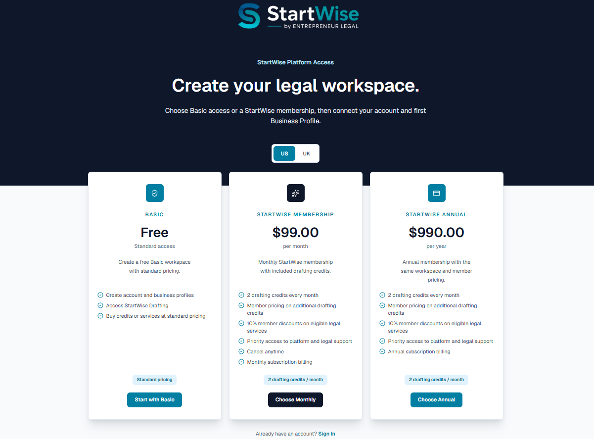StartWise platform access and membership options